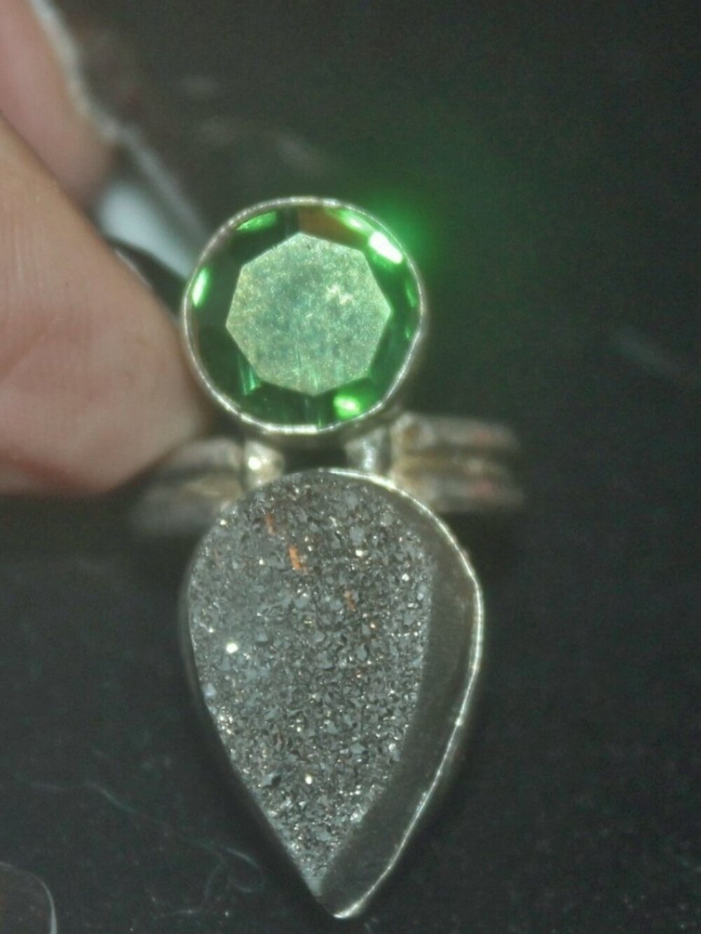 925 Sterling Silver Emerald Druzy Unique Long Artisan Cocktail Ring 6